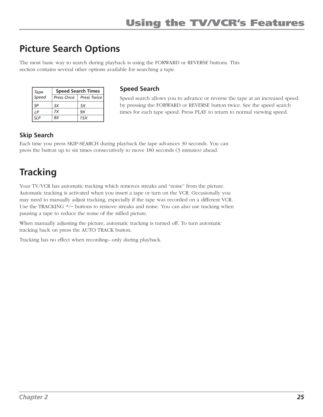 RCA T25208 manual Picture Search Options, Tracking, Speed Search, Skip Search 