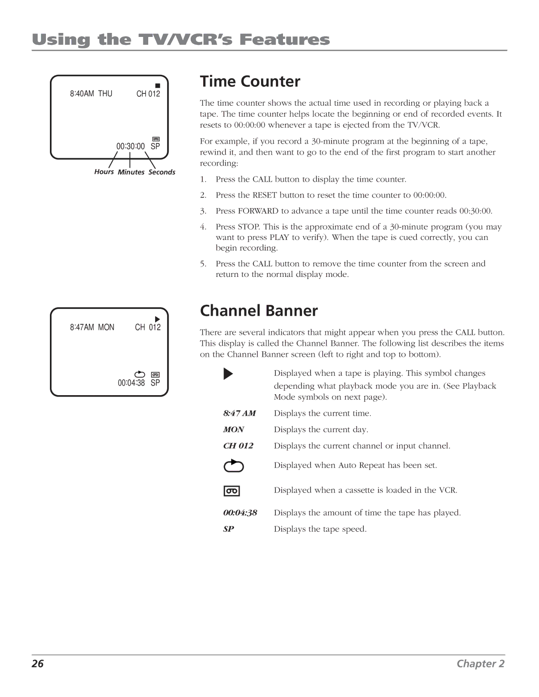 RCA T25208 manual Time Counter, Channel Banner 