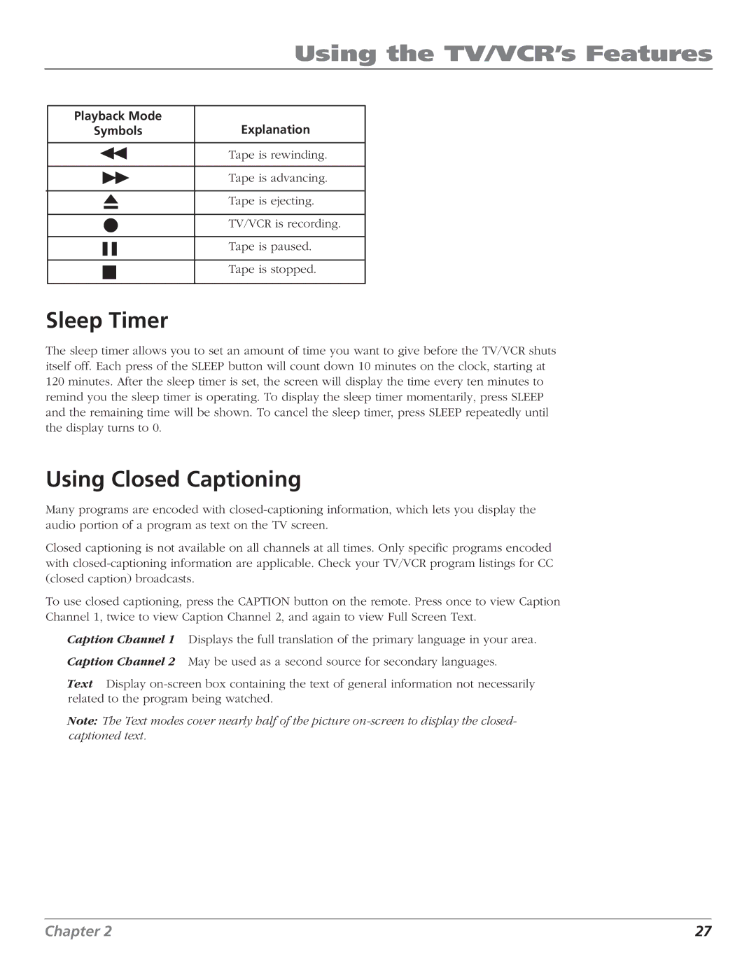 RCA T25208 manual Sleep Timer, Using Closed Captioning 