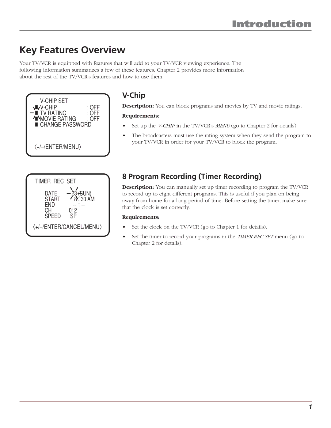 RCA T25208 manual Introduction, Key Features Overview, Chip, Program Recording Timer Recording 