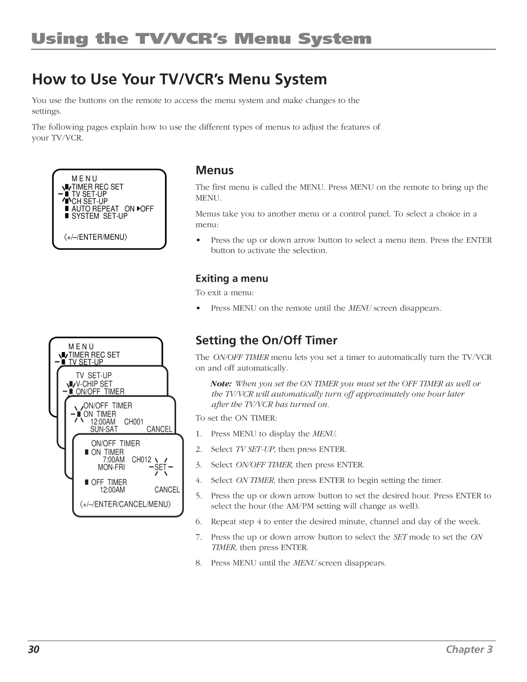 RCA T25208 manual Using the TV/VCR’s Menu System, How to Use Your TV/VCR’s Menu System, Menus, Exiting a menu 