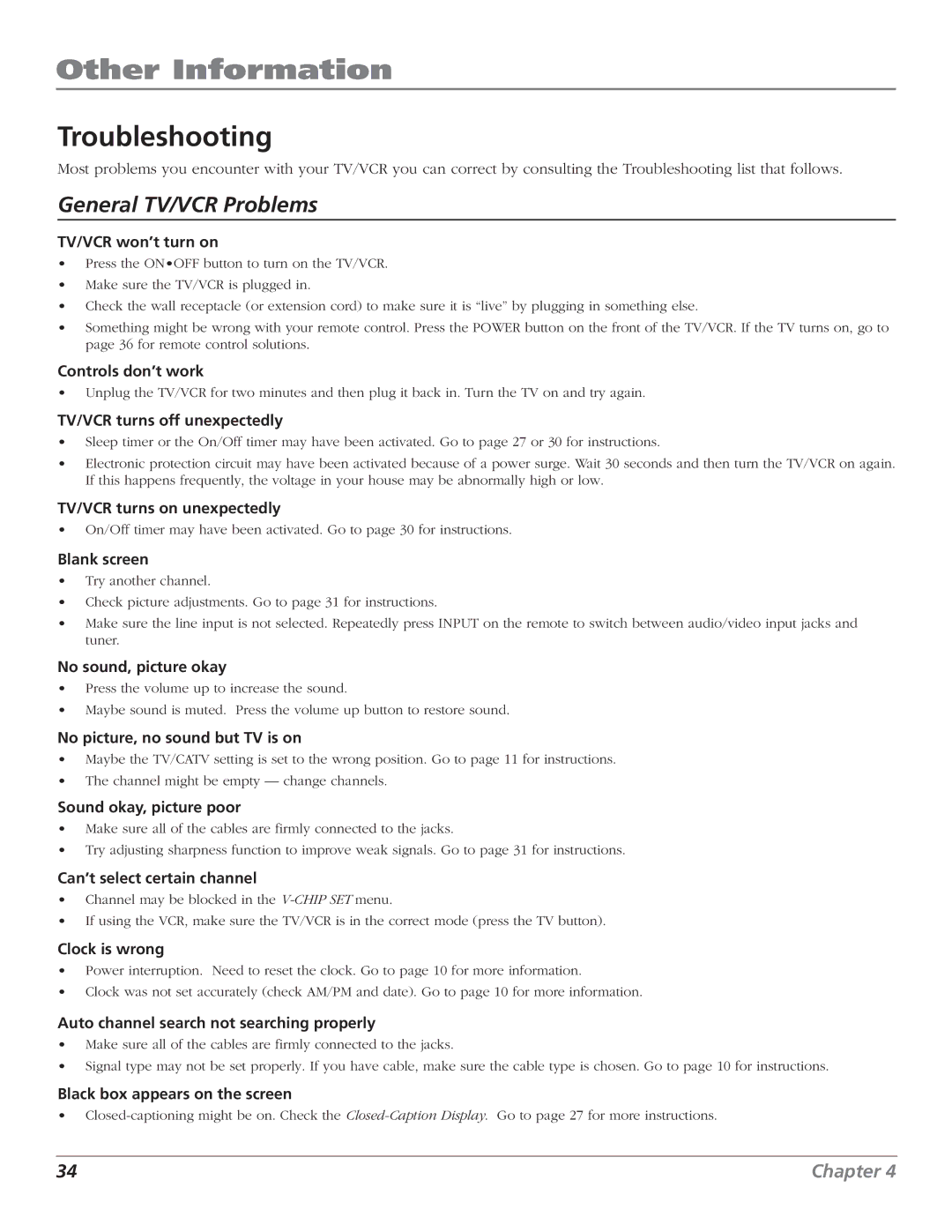 RCA T25208 manual Other Information, Troubleshooting 