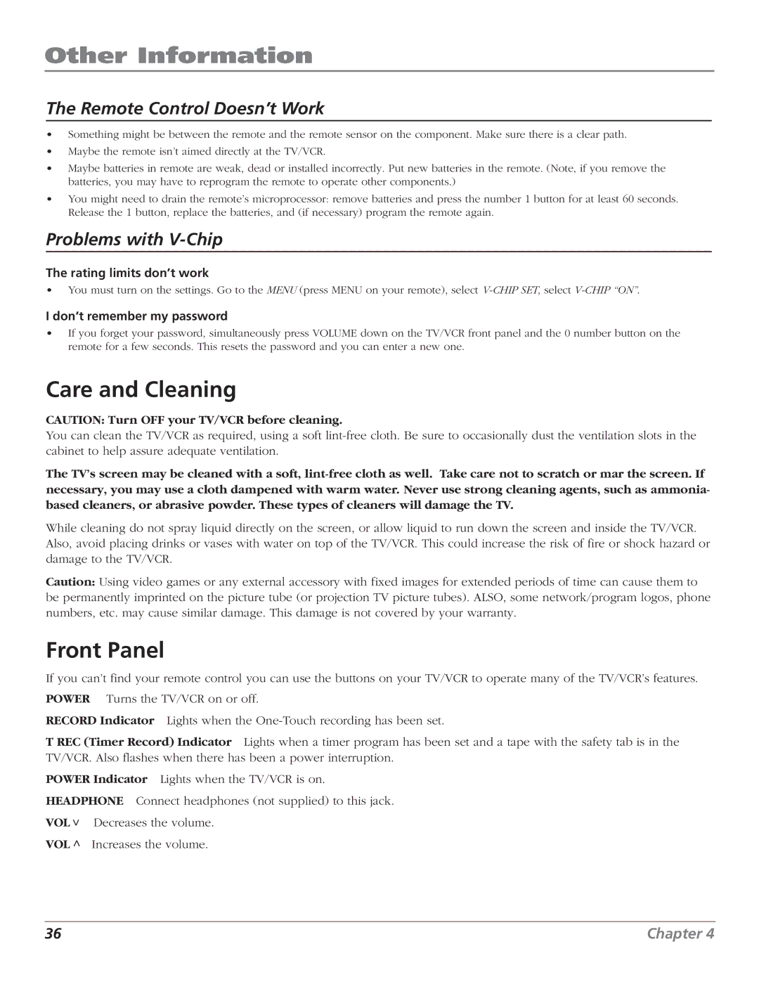 RCA T25208 manual Care and Cleaning, Front Panel 