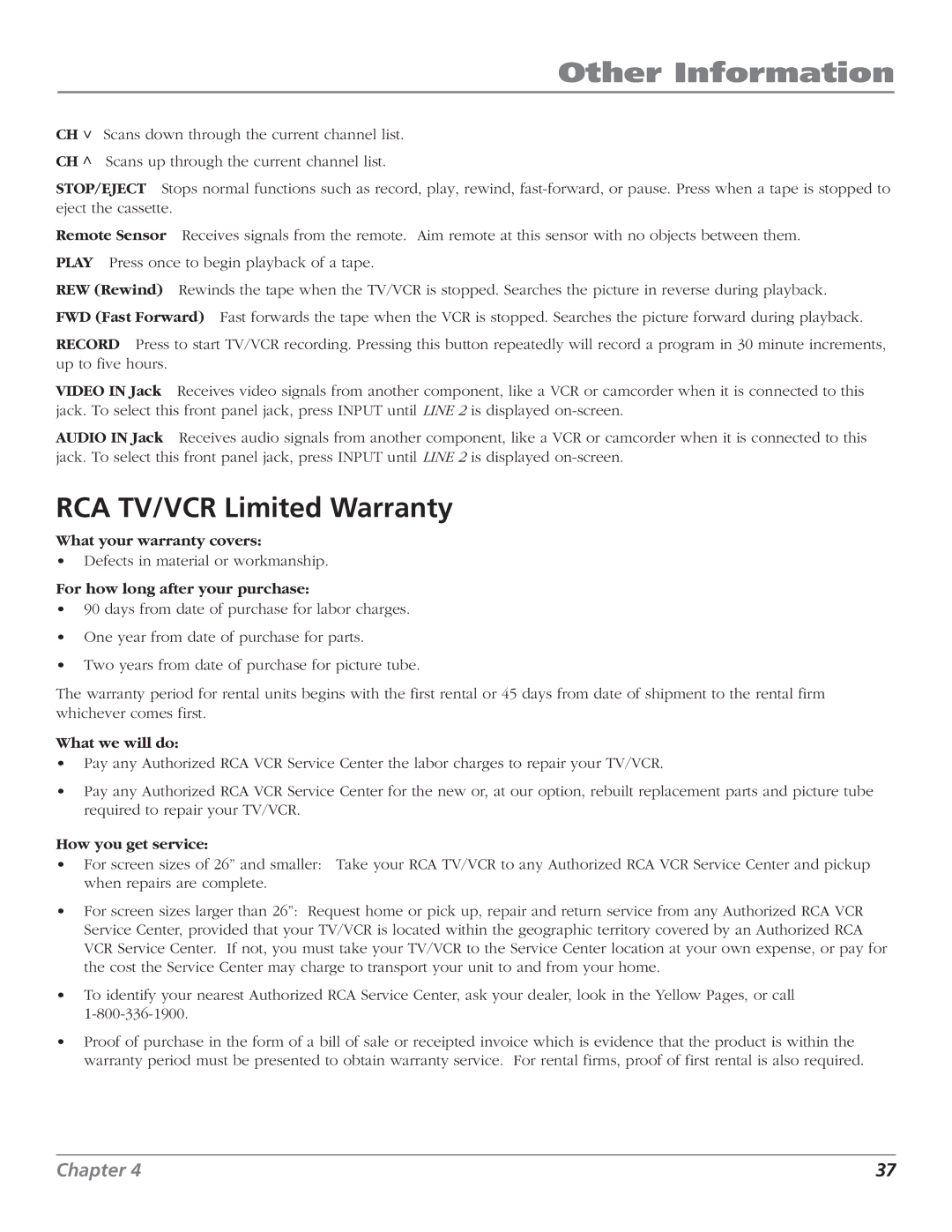 RCA T25208 manual RCA TV/VCR Limited Warranty, For how long after your purchase 