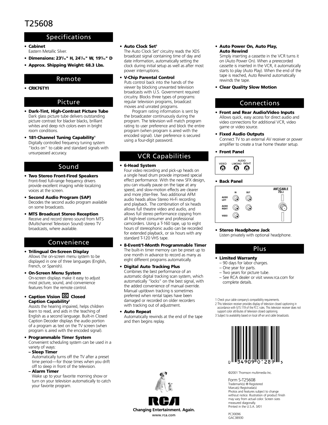 RCA T25608 quick start Specifications, Remote, Picture, Sound, Convenience, VCR Capabilities, Connections, Plus 