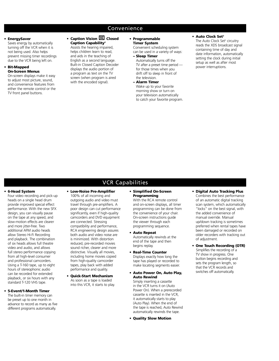 RCA T27TF668 manual Convenience, VCR Capabilities 