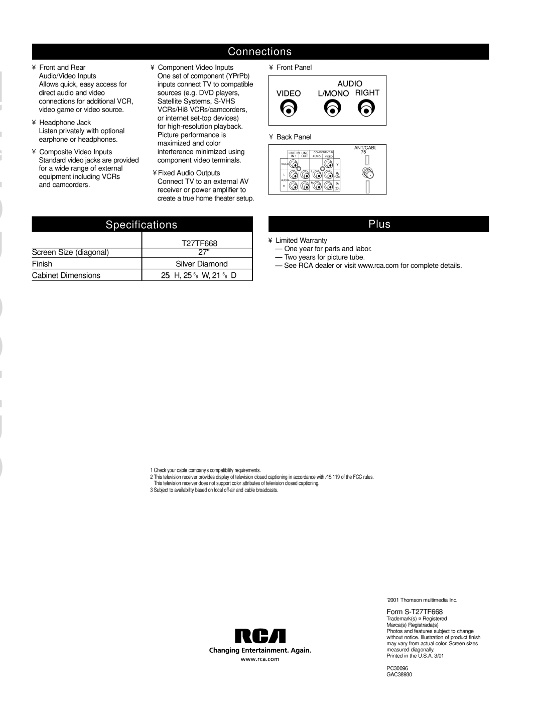 RCA T27TF668 manual Connections, Specifications, Plus 