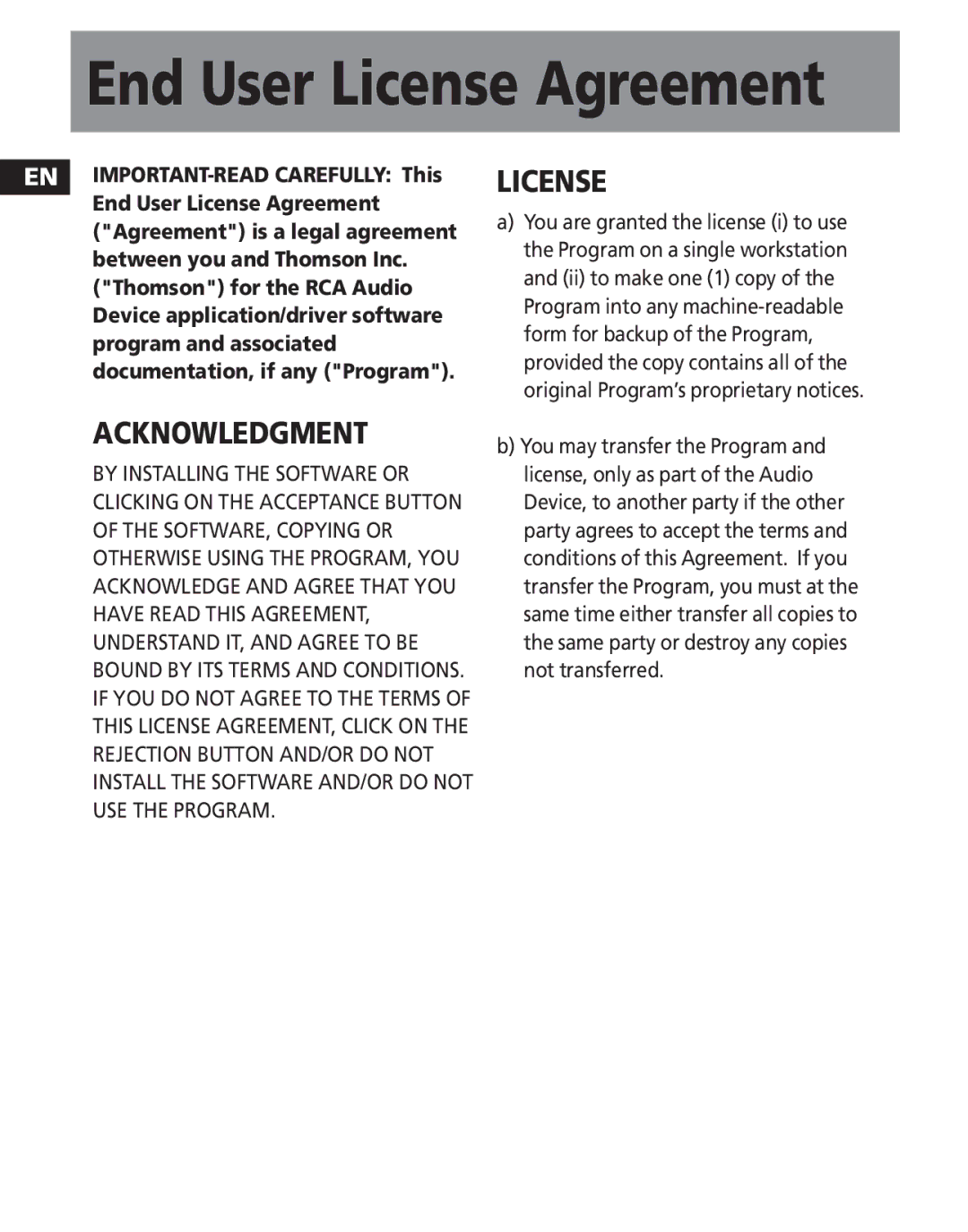 RCA TC1200, TC1201, TC1202 manual End User License Agreement 