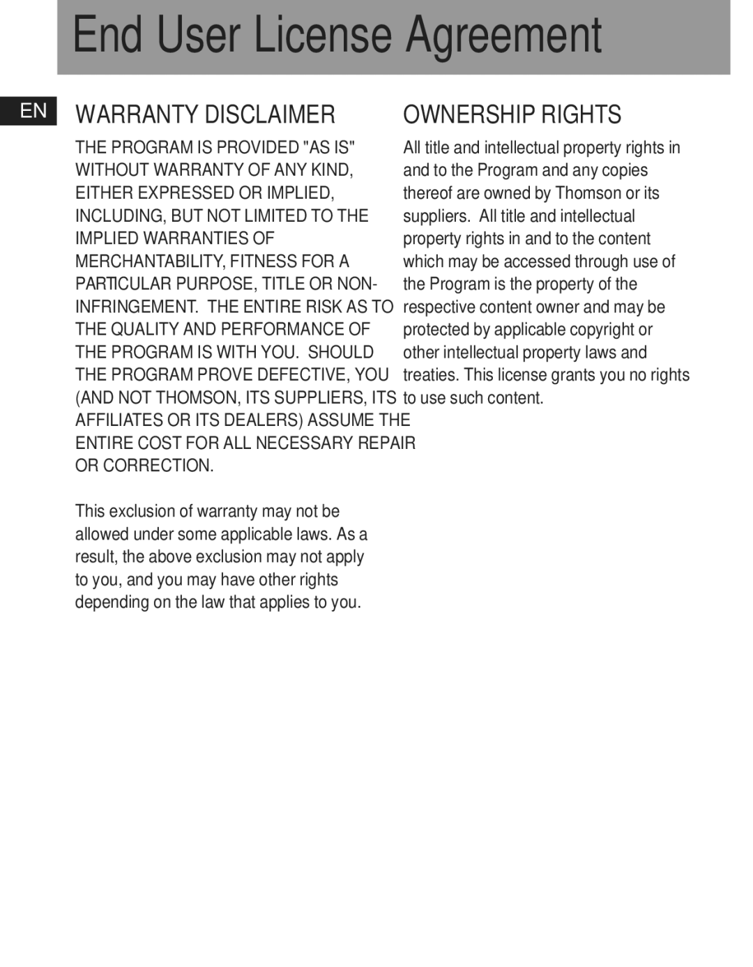 RCA TC1202, TC1201, TC1200 manual End User License Agreement 