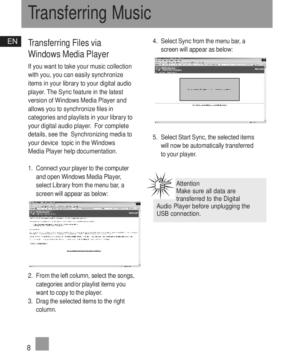 RCA TC1202, TC1201, TC1200 manual EN Transferring Files via Windows Media Player 