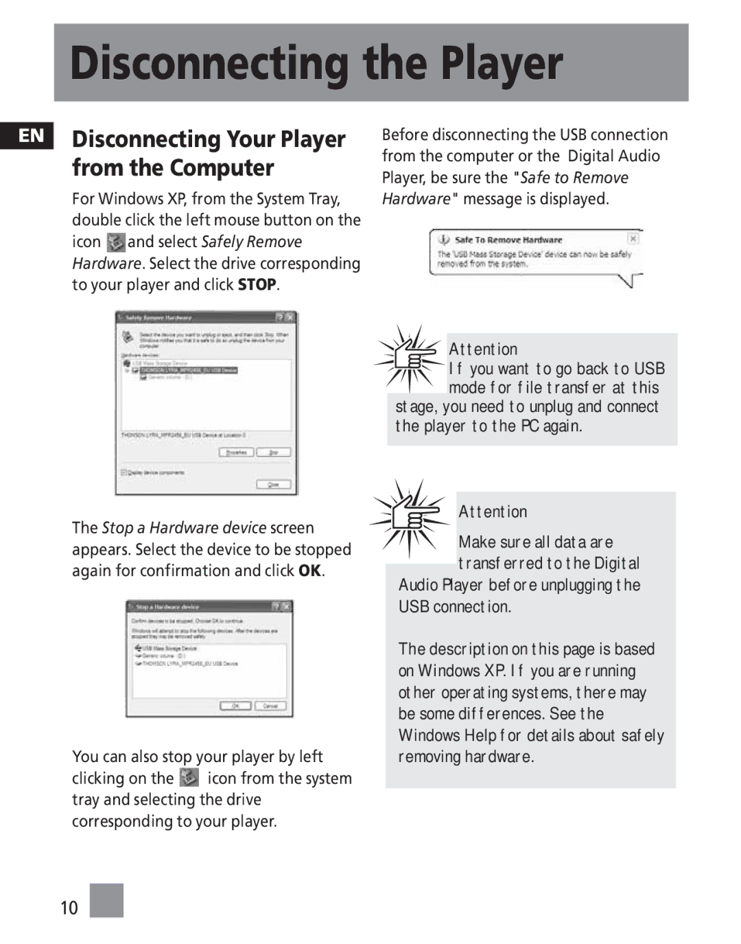 RCA TC1201, TC1202, TC1200 manual Disconnecting the Player, EN Disconnecting Your Player from the Computer 