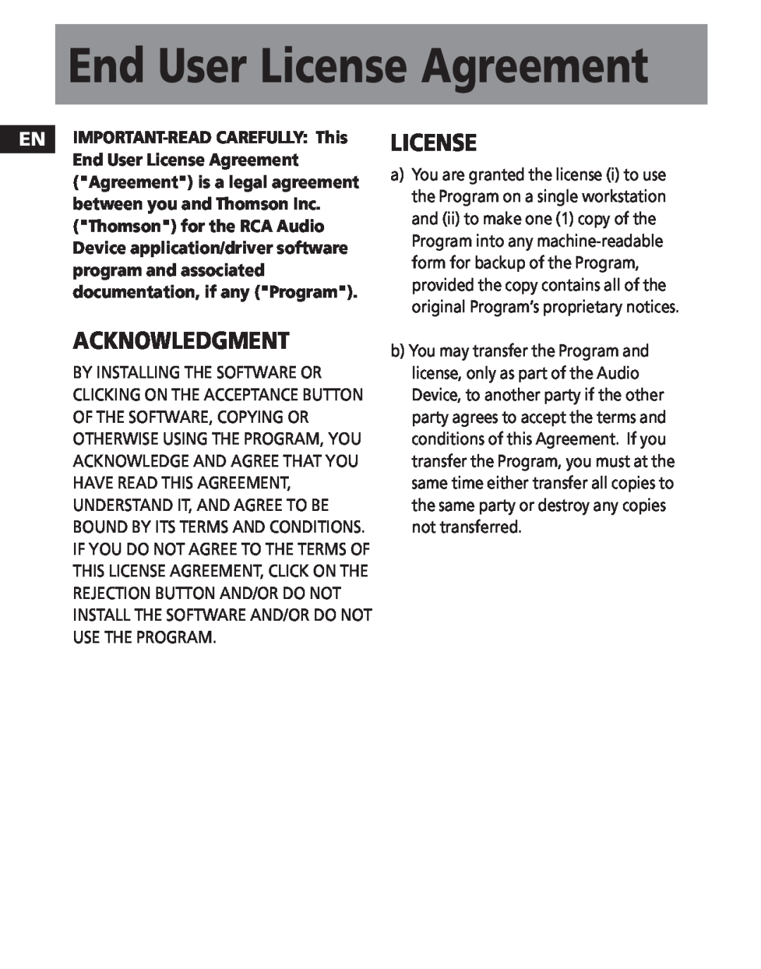 RCA TC1200, TC1201, TC1202 manual End User License Agreement, Acknowledgment 