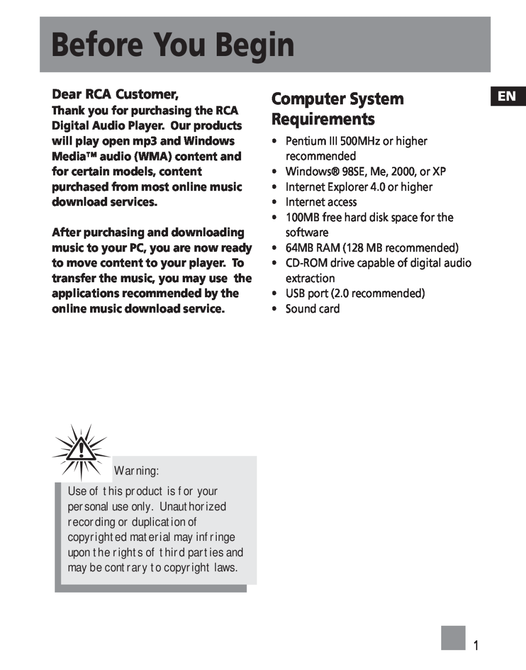 RCA TC1201, TC1202, TC1200 manual Before You Begin, Computer System, Requirements, Dear RCA Customer 