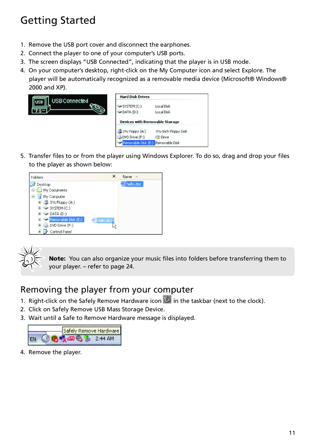 RCA TC1402, TC1401 user manual Removing the player from your computer 