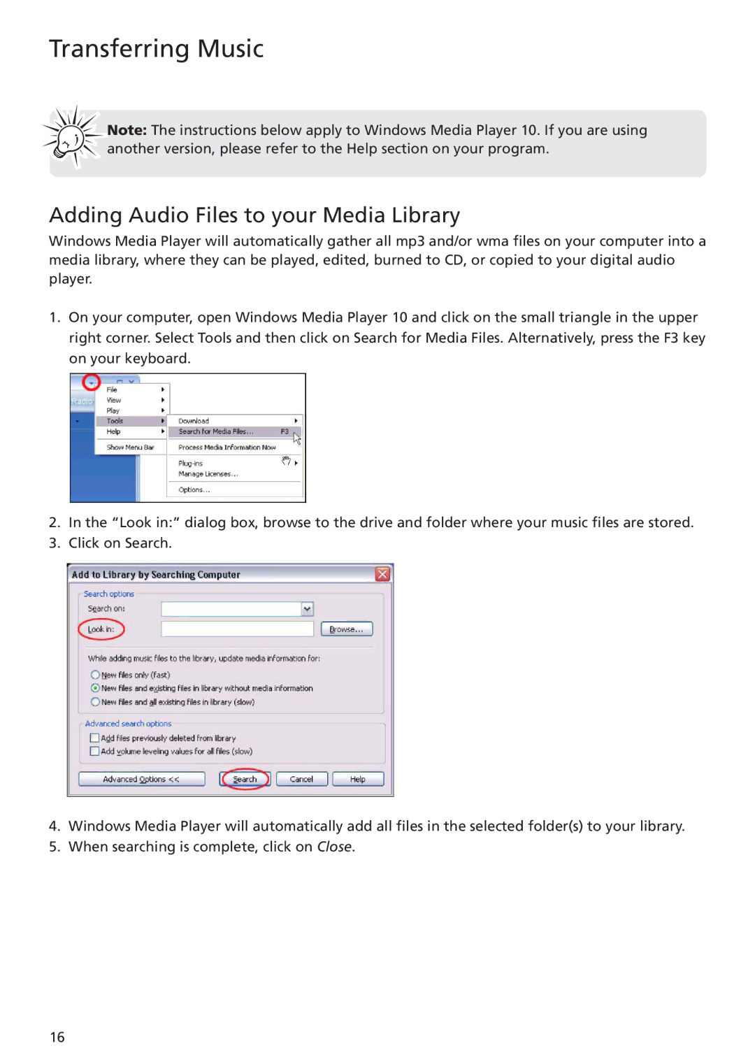 RCA TC1401, TC1402 user manual Adding Audio Files to your Media Library 