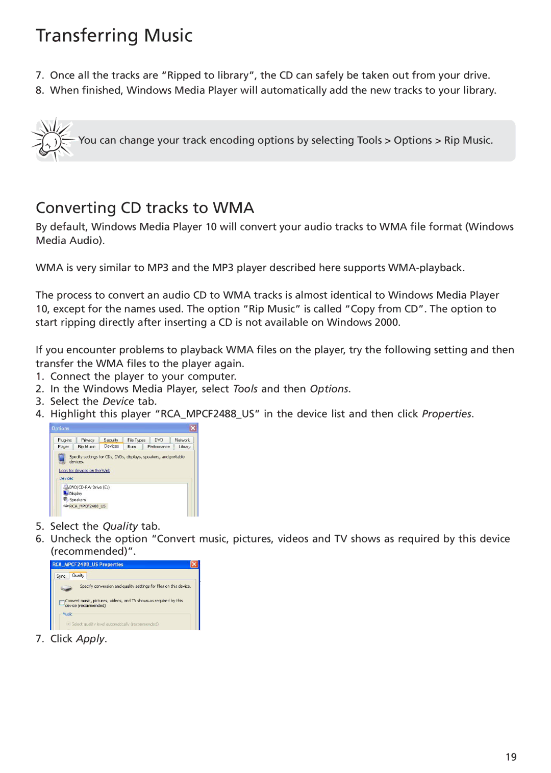 RCA TC1402, TC1401 user manual Converting CD tracks to WMA 