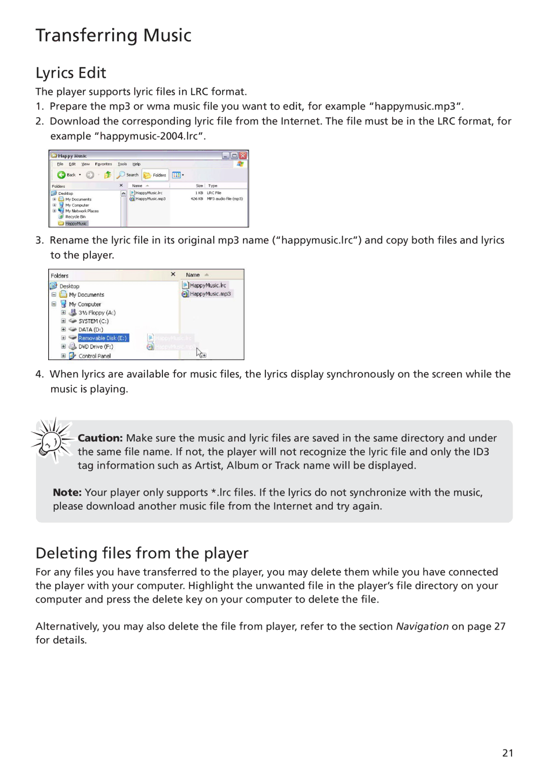 RCA TC1402, TC1401 user manual Lyrics Edit, Deleting files from the player 