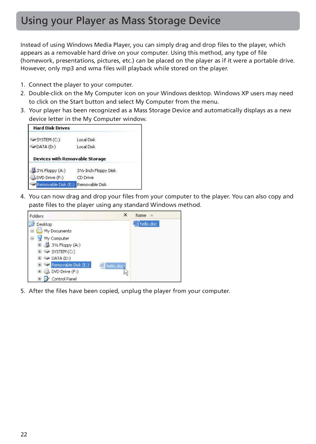 RCA TC1401, TC1402 user manual Using your Player as Mass Storage Device 