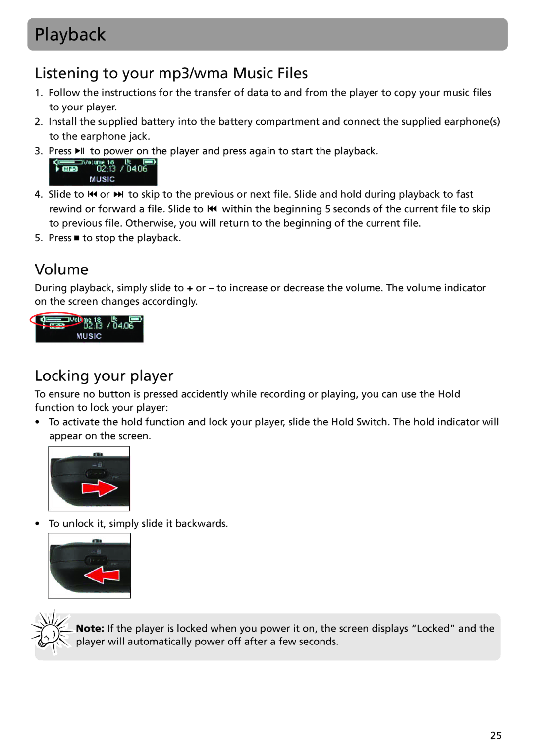 RCA TC1402, TC1401 user manual Playback, Listening to your mp3/wma Music Files, Volume, Locking your player 