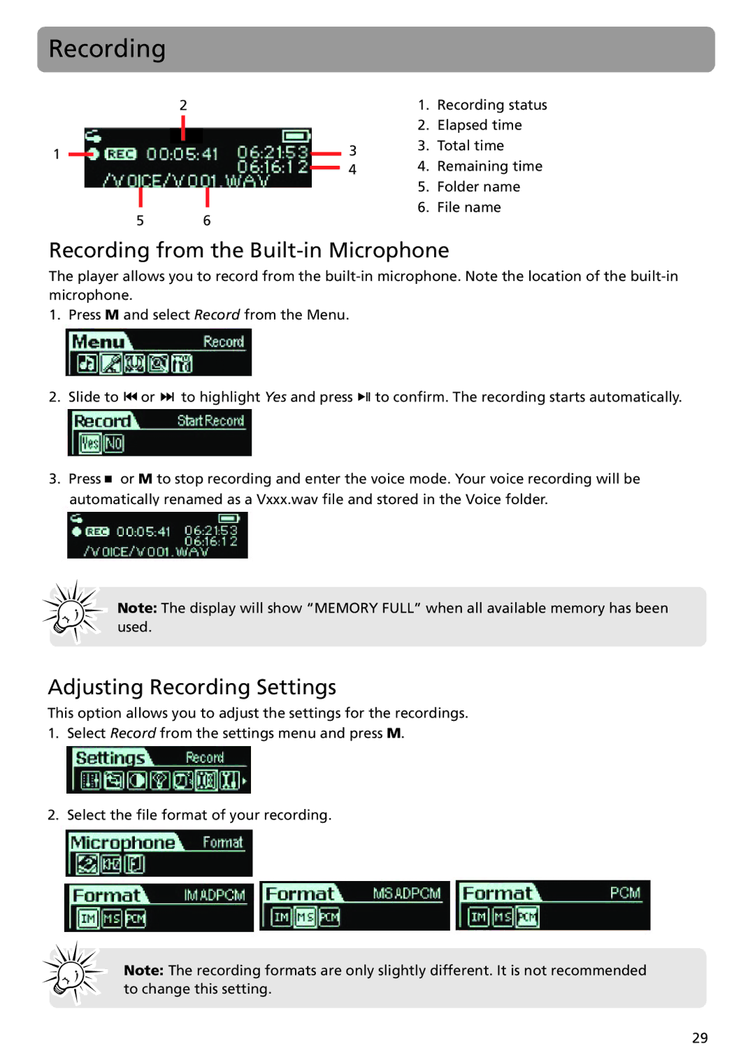 RCA TC1402, TC1401 user manual Recording from the Built-in Microphone, Adjusting Recording Settings 