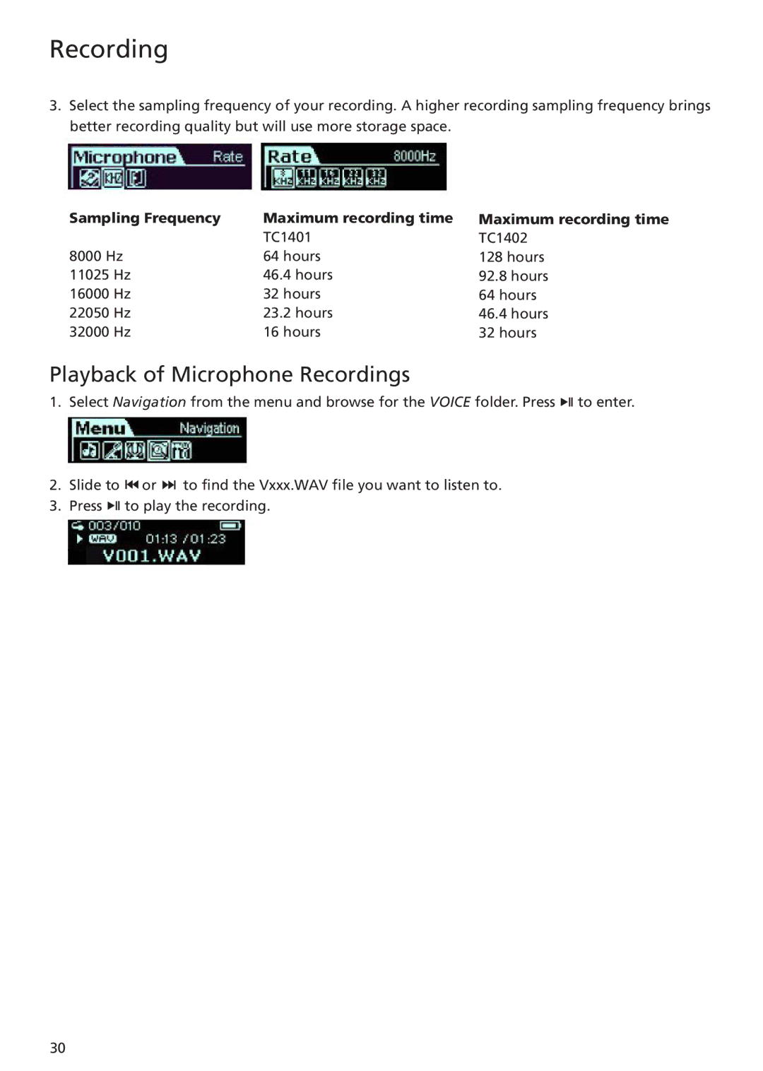 RCA TC1401, TC1402 user manual Playback of Microphone Recordings 