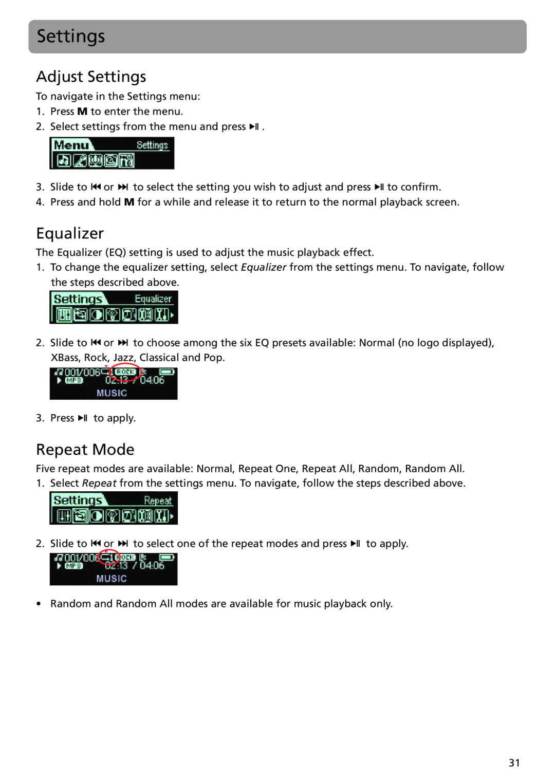 RCA TC1402, TC1401 user manual Adjust Settings, Equalizer, Repeat Mode 