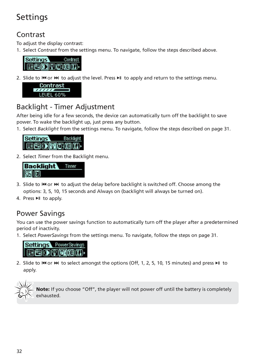 RCA TC1401, TC1402 user manual Contrast, Backlight Timer Adjustment, Power Savings 