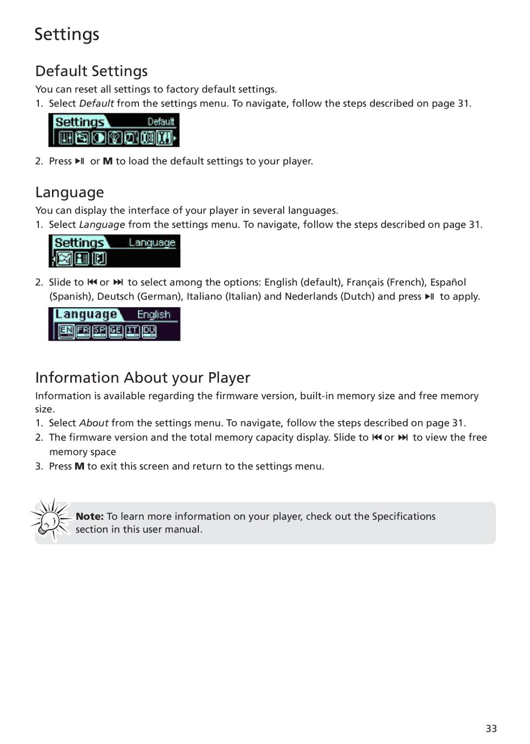 RCA TC1402, TC1401 user manual Default Settings, Language, Information About your Player 