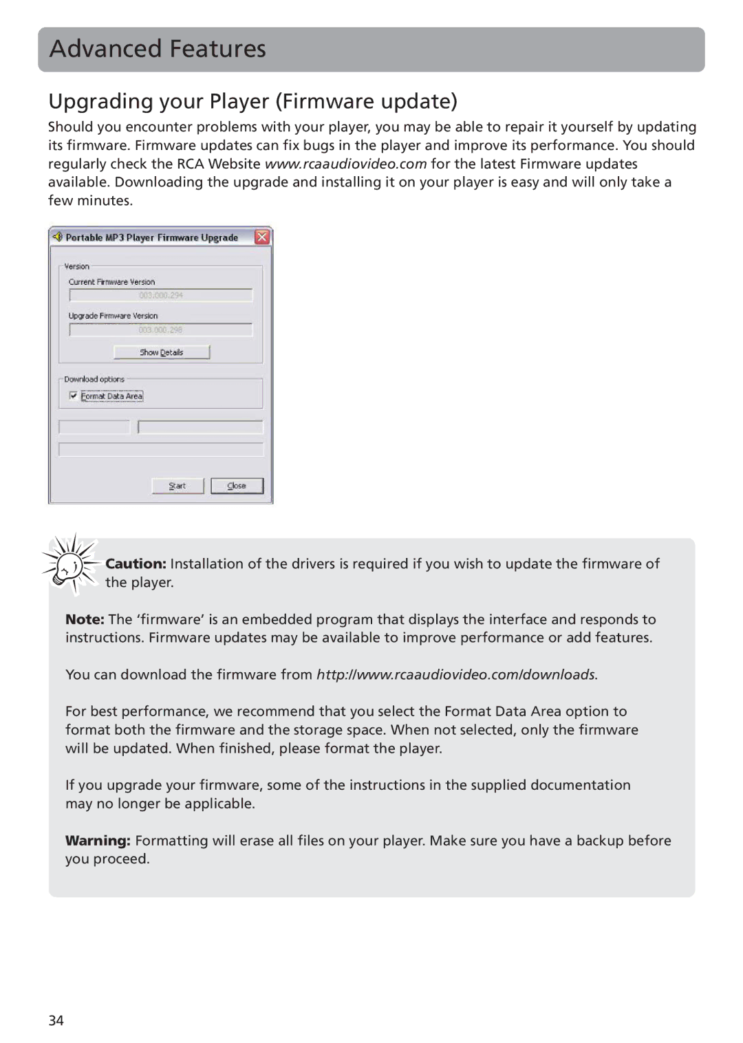 RCA TC1401, TC1402 user manual Advanced Features, Upgrading your Player Firmware update 