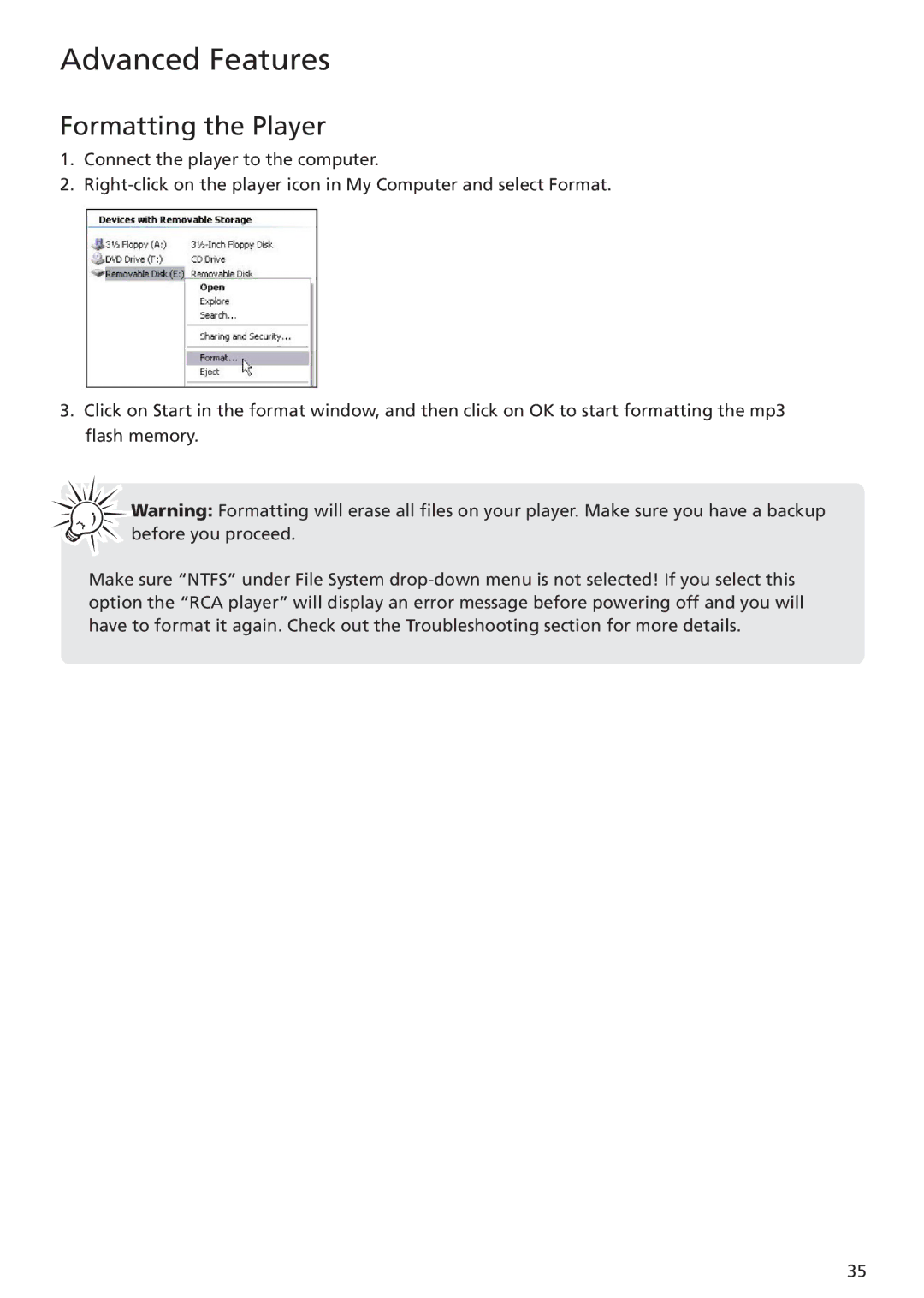 RCA TC1402, TC1401 user manual Formatting the Player 