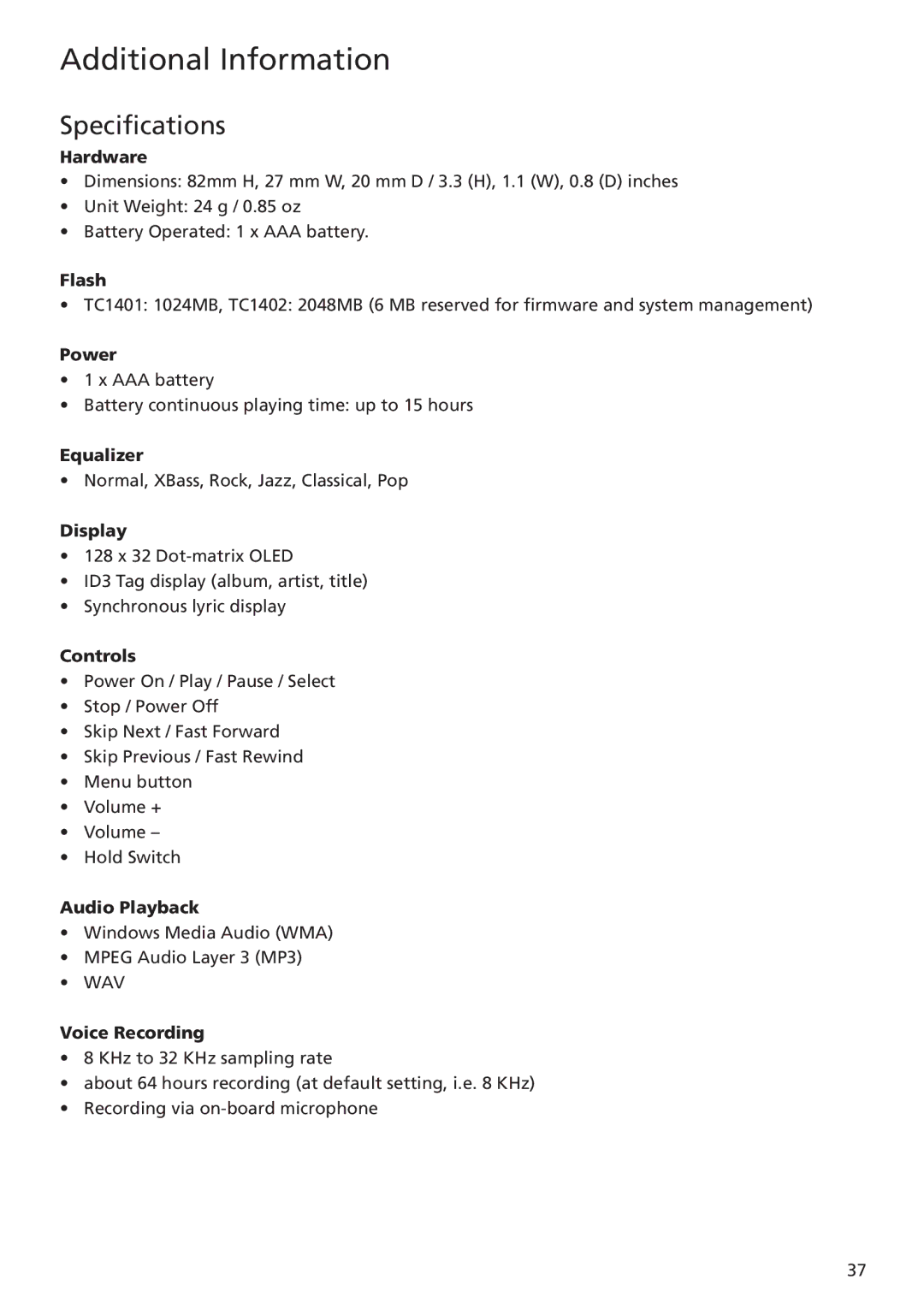 RCA TC1402, TC1401 user manual Specifications, Hardware 