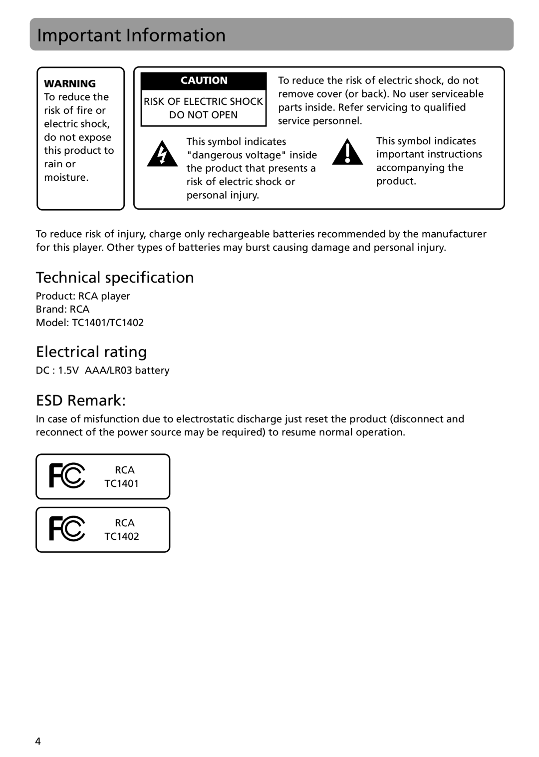 RCA TC1401, TC1402 user manual Important Information, Technical specification, Electrical rating, ESD Remark 