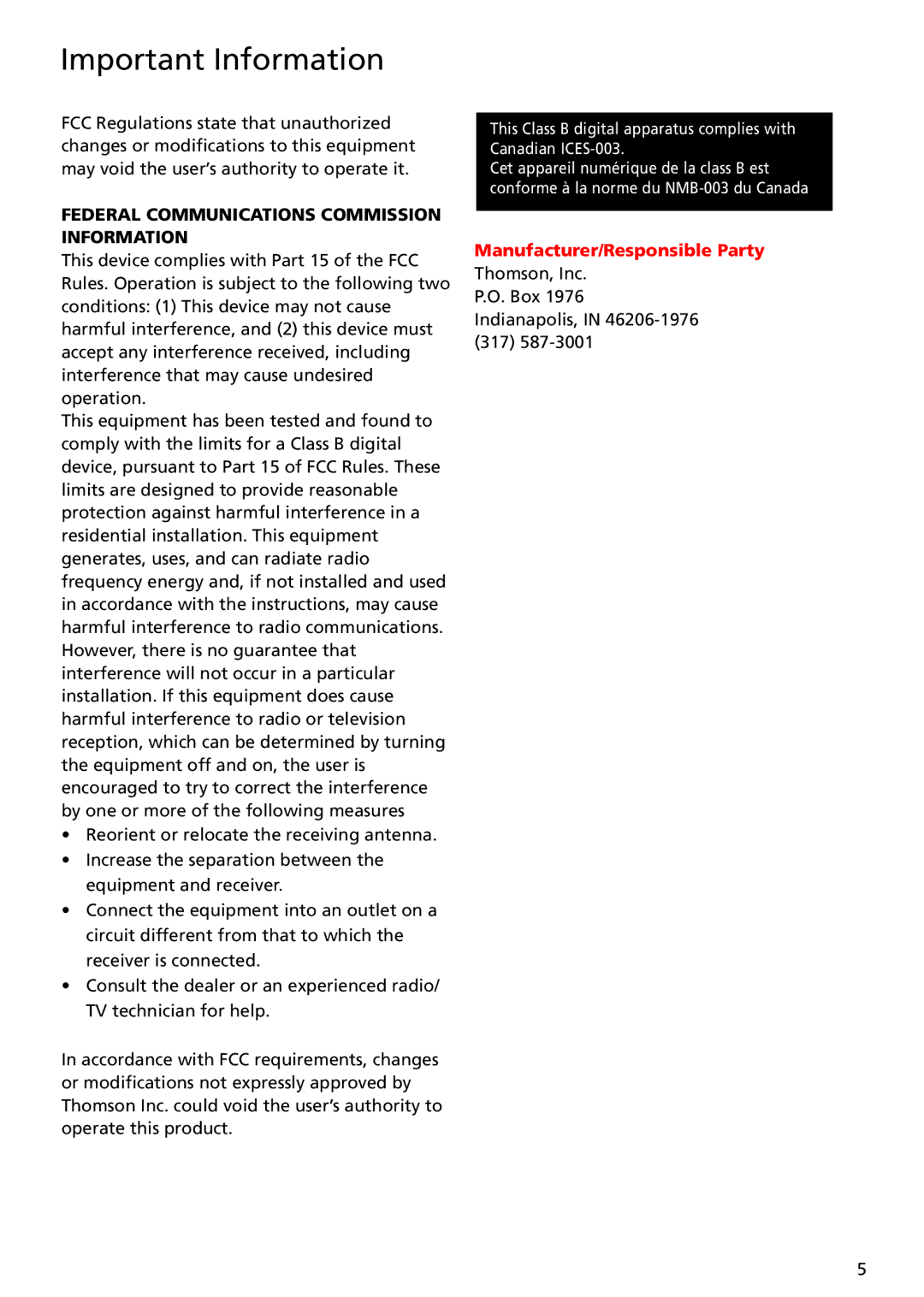 RCA TC1402, TC1401 user manual Federal Communications Commission Information 