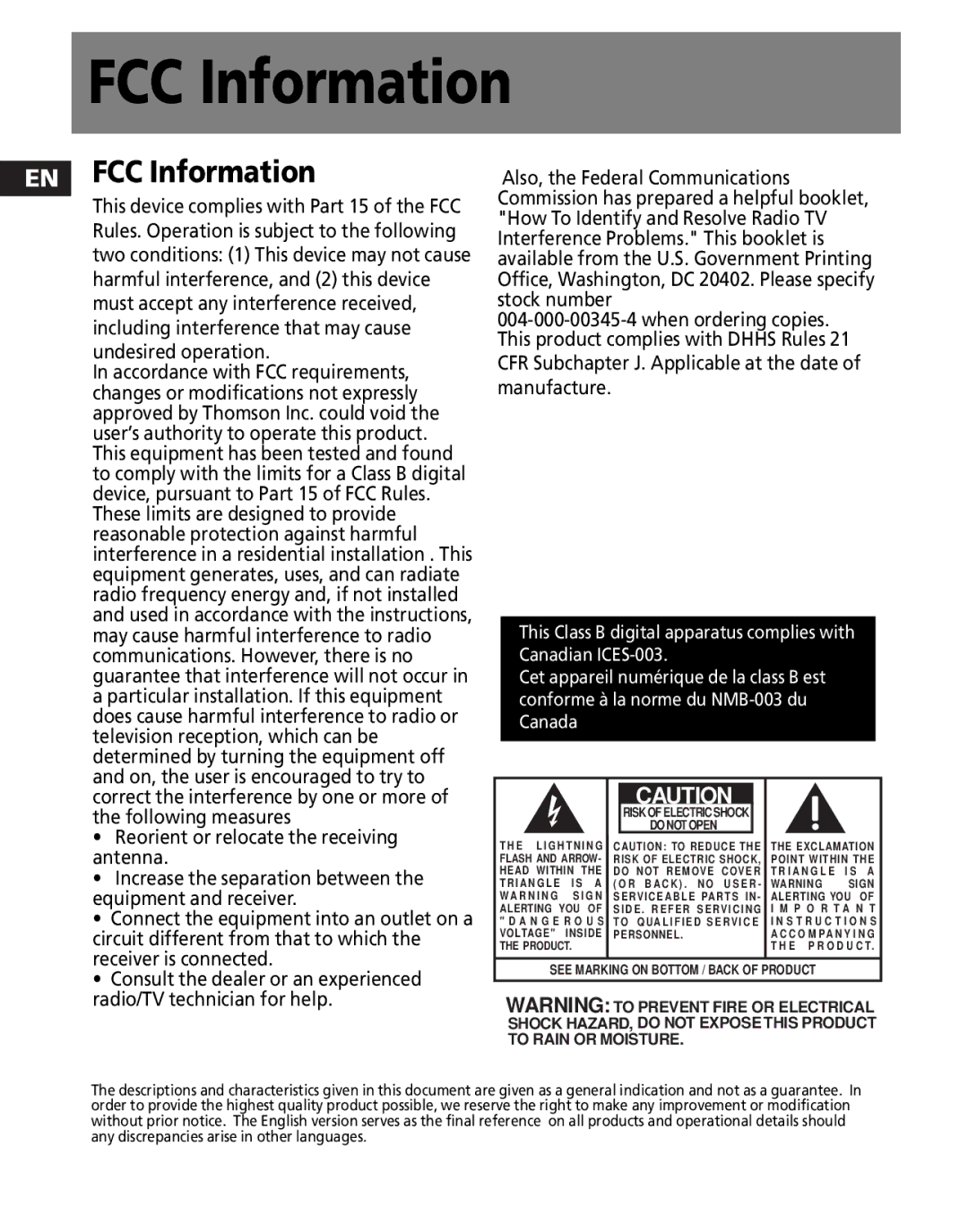 RCA TC1502FM, TC1501FM, TC1500 EN FCC Information, Undesired operation, Reorient or relocate the receiving antenna 