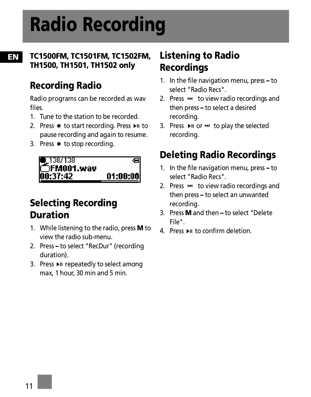 RCA TC1502FM, TC1501FM, TC1500FM, TH1501, TH1500, TH1502 user manual Radio Recording 