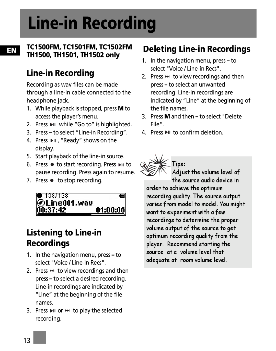 RCA TC1502FM, TC1501FM, TC1500FM, TH1501, TH1500 Listening to Line-in Recordings, Deleting Line-in Recordings 