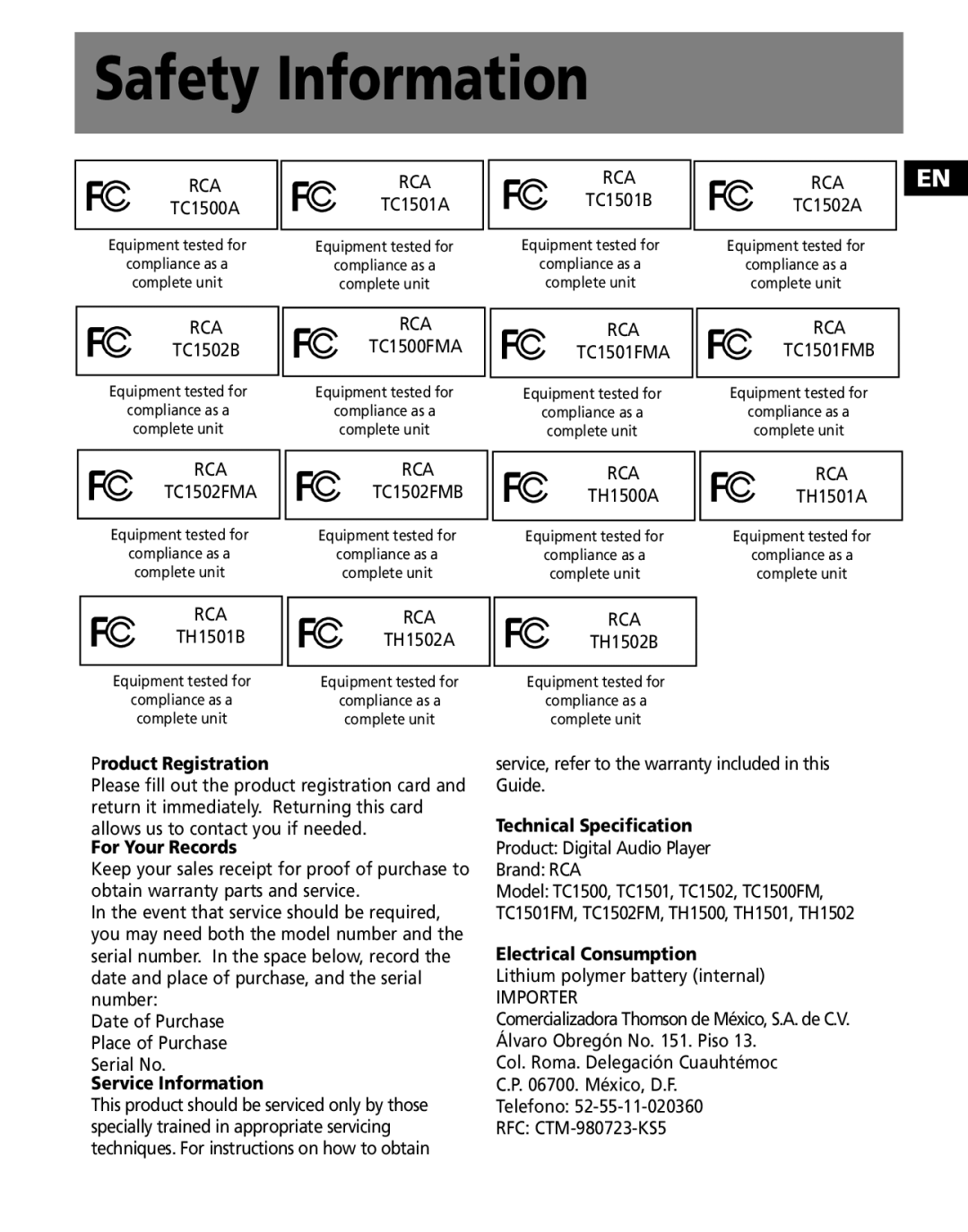 RCA TC1501FM, TC1502FM, TC1500FM, TH1501, TH1500, TH1502 user manual Safety Information, Product Registration 