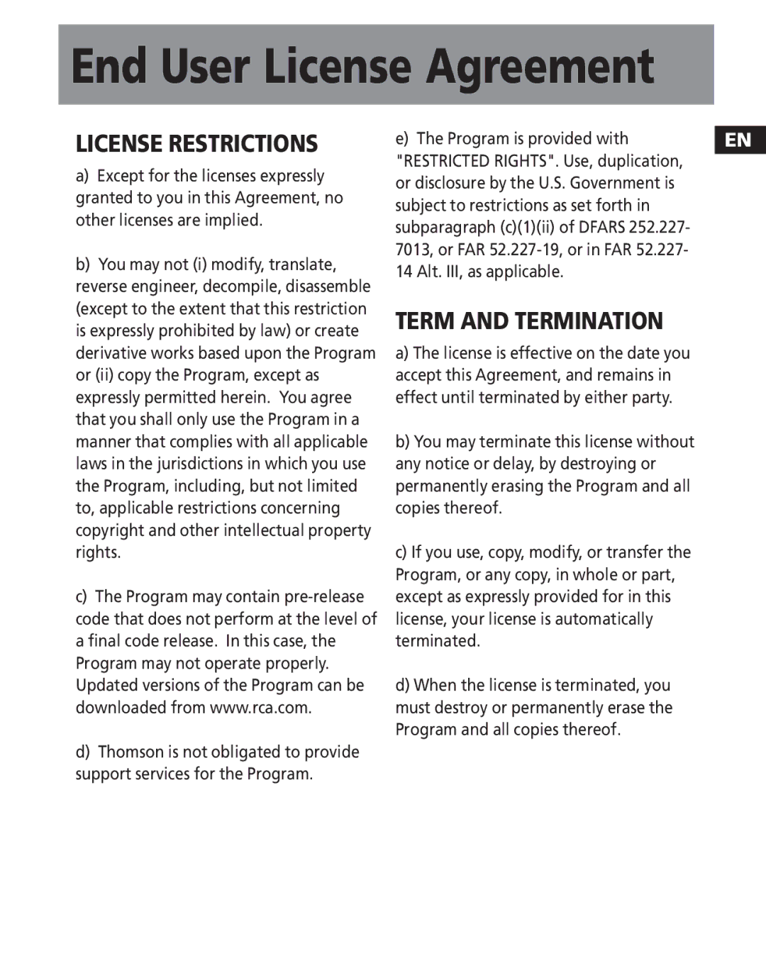 RCA TC1502FM, TC1501FM, TC1500FM, TH1501, TH1500, TH1502 user manual License Restrictions 