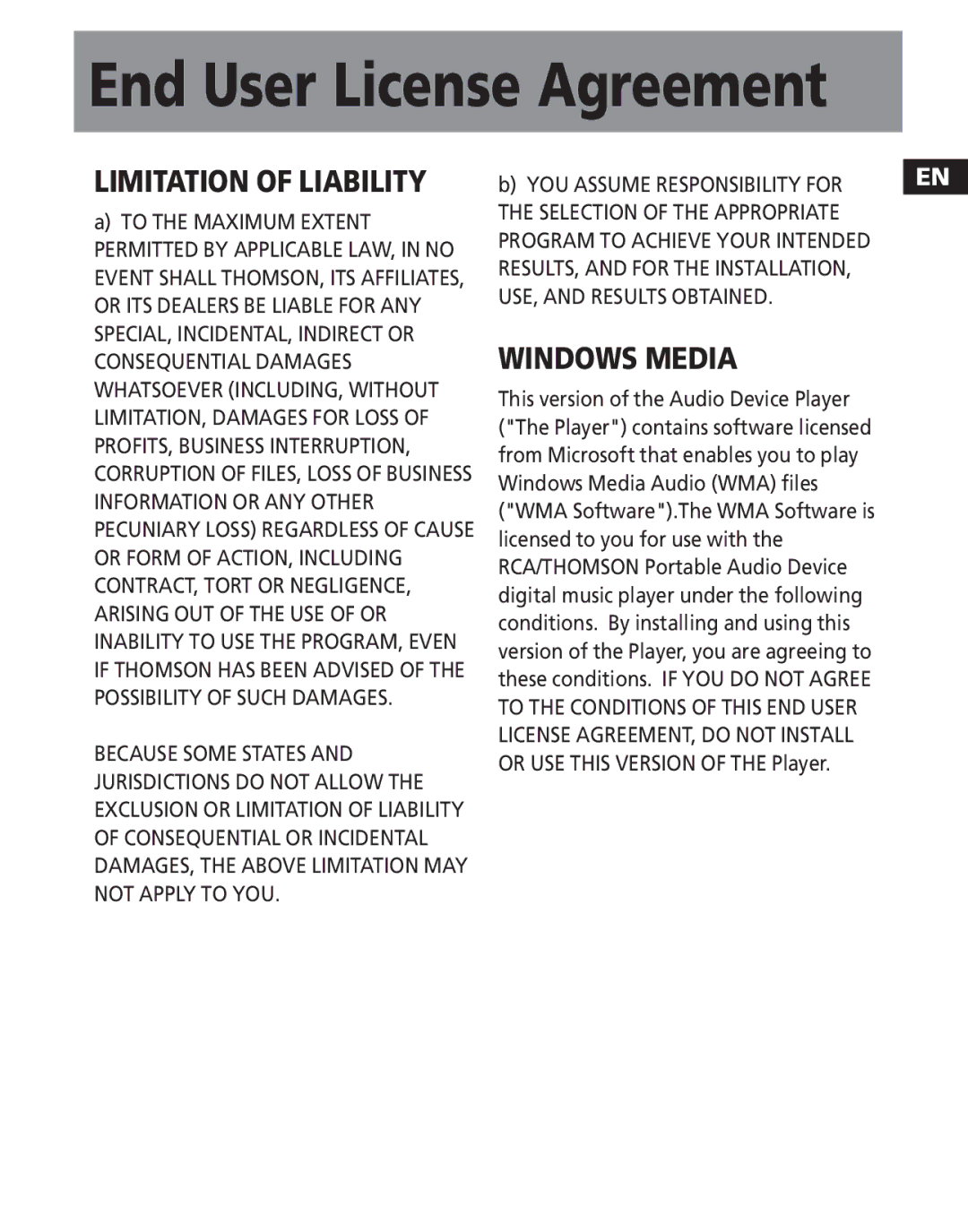 RCA TH1501, TC1502FM, TC1501FM, TC1500FM, TH1500, TH1502 user manual Limitation of Liability 