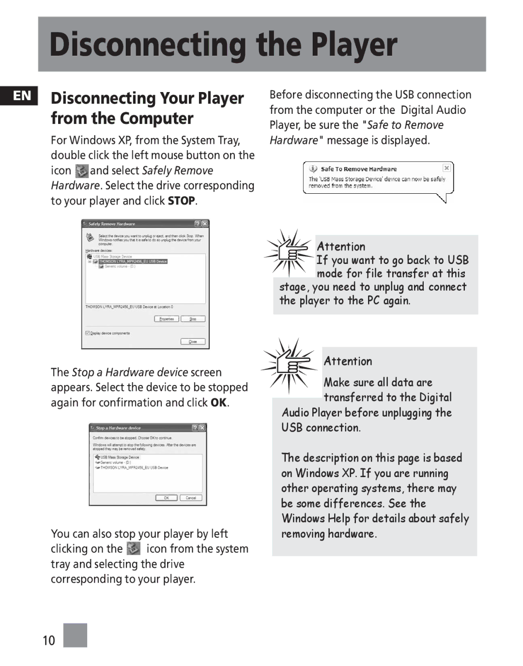 RCA TC1502FM, TC1501FM, TC1500FM, TH1501 Disconnecting the Player, EN Disconnecting Your Player from the Computer 