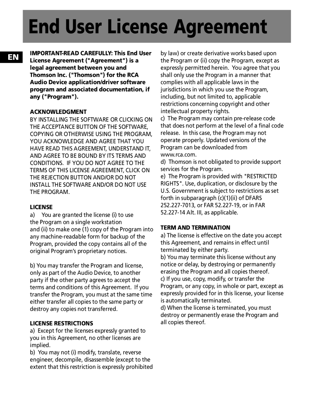 RCA TH1501, TC1502FM, TC1501FM, TC1500FM, TH1500, TH1502 user manual End User License Agreement 