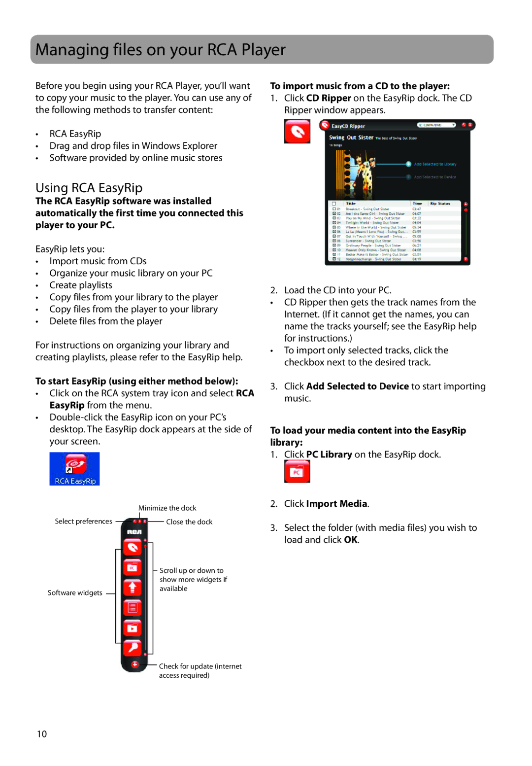 RCA TC1604, TC160 series Managing files on your RCA Player, Using RCA EasyRip, To import music from a CD to the player 