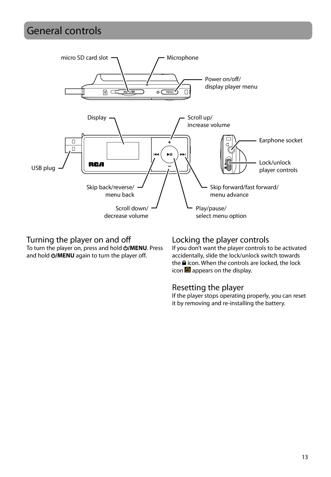 RCA TH160 series General controls, Turning the player on and off, Locking the player controls, Resetting the player 