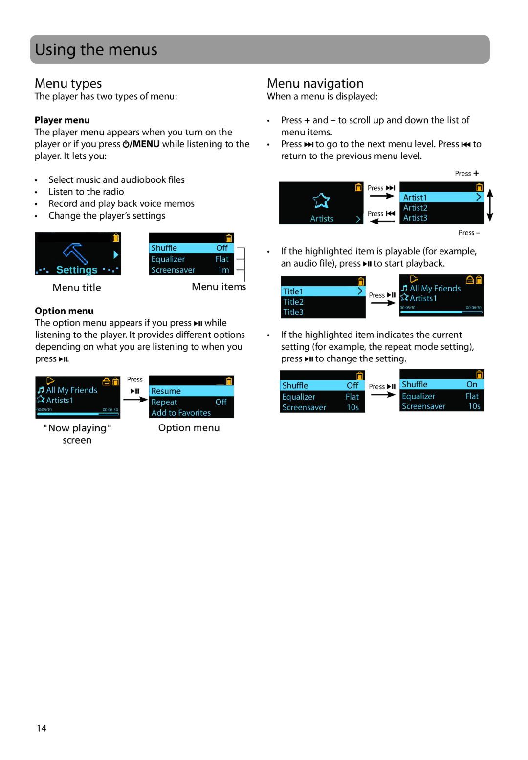 RCA TC160 series, TC1602, TC1601, TC1604, TH1604 Using the menus, Menu types, Menu navigation, Player menu, Option menu 