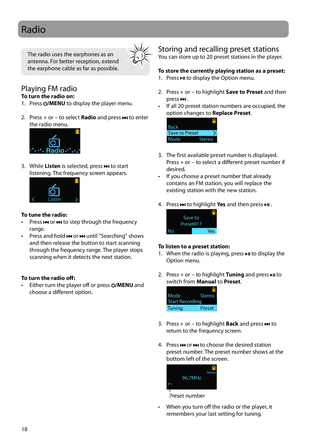 RCA TH1604, TC160 series, TC1602, TC1601, TC1604, TH1601 Radio, Playing FM radio, Storing and recalling preset stations 