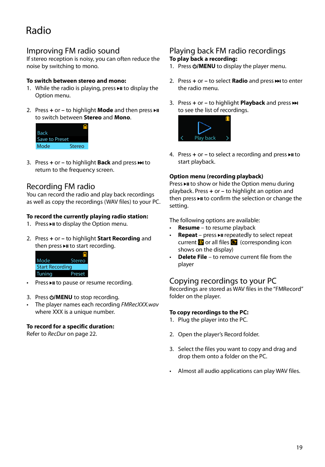 RCA TH1601 Improving FM radio sound, Recording FM radio, Playing back FM radio recordings, Copying recordings to your PC 