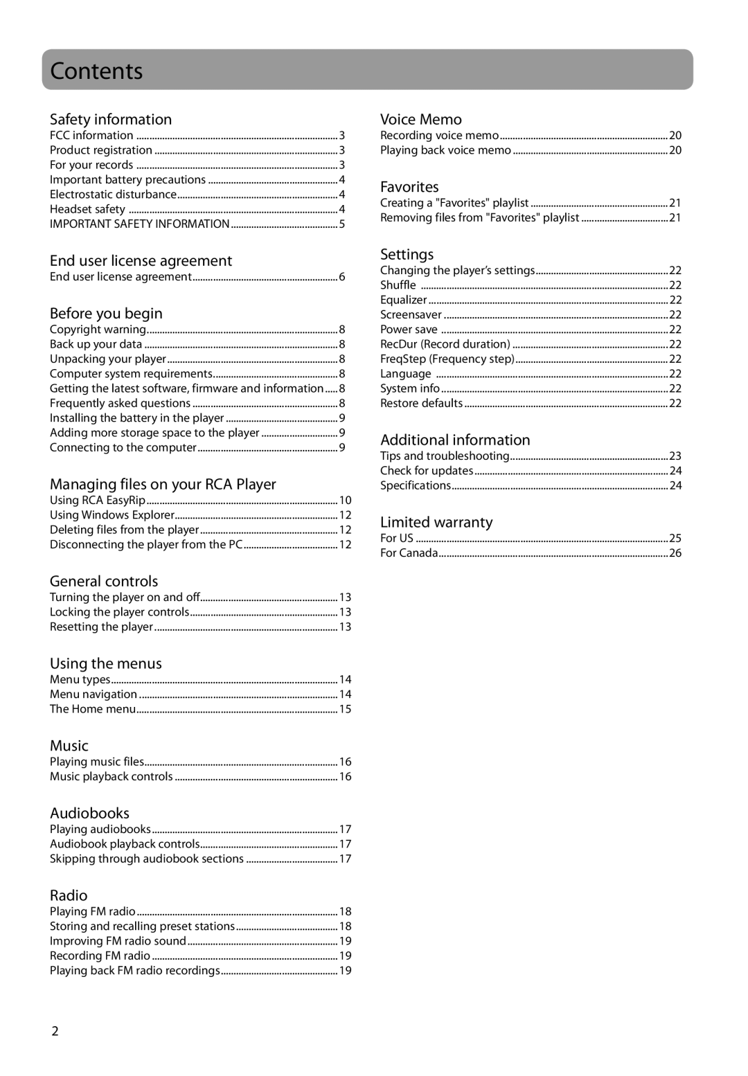 RCA TC1601, TC160 series, TC1602, TC1604, TH1604, TH1601, TH160 series user manual Contents 