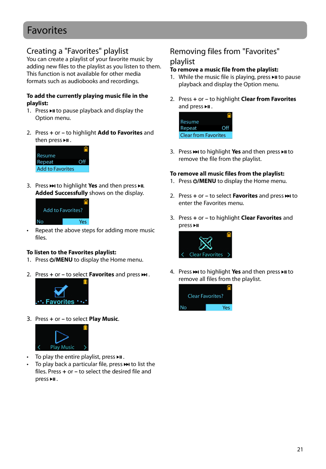 RCA TC160 series, TC1602, TC1601, TC1604, TH1604 Creating a Favorites playlist, Removing files from Favorites playlist 