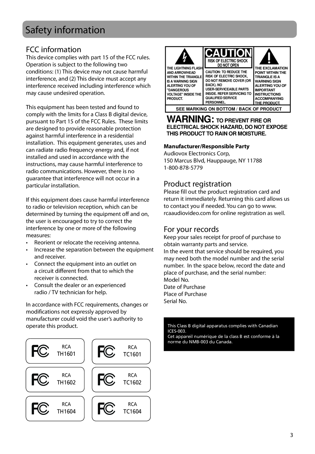 RCA TC1604 Safety information, FCC information, Product registration For your records, Manufacturer/Responsible Party 