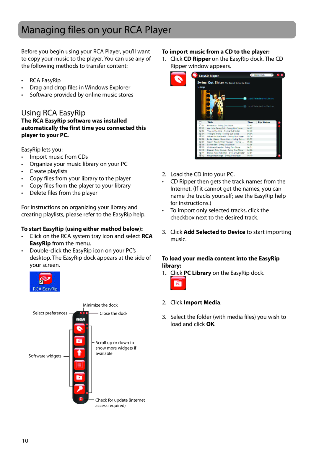 RCA TC160, TH160 user manual Managing files on your RCA Player, Using RCA EasyRip, To import music from a CD to the player 